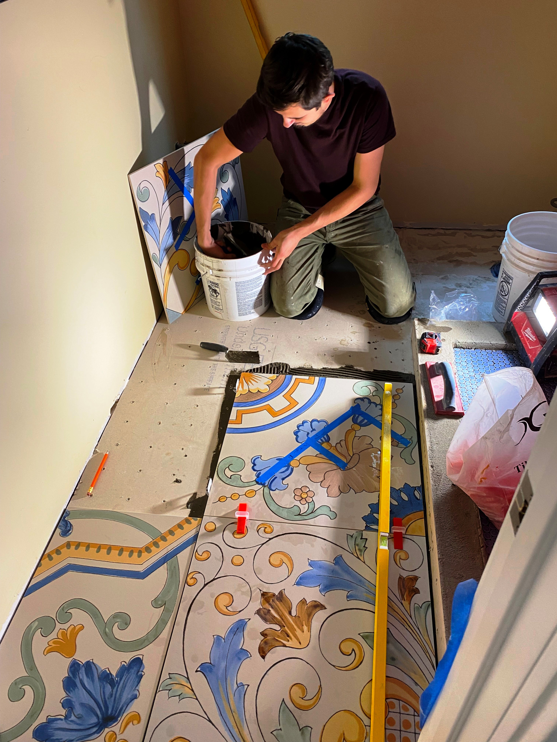 DURING PIC - CAREFULLY PLACED PATTERNED TILE INSTALLED