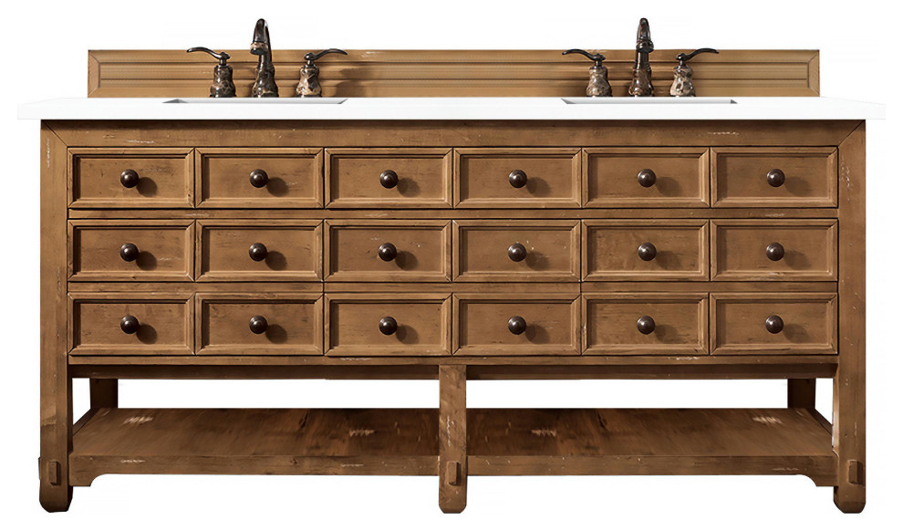 Malibu 72" Double Vanity, Honey Alder With 3 CM Classic White Quartz Top Farmhouse Bathroom