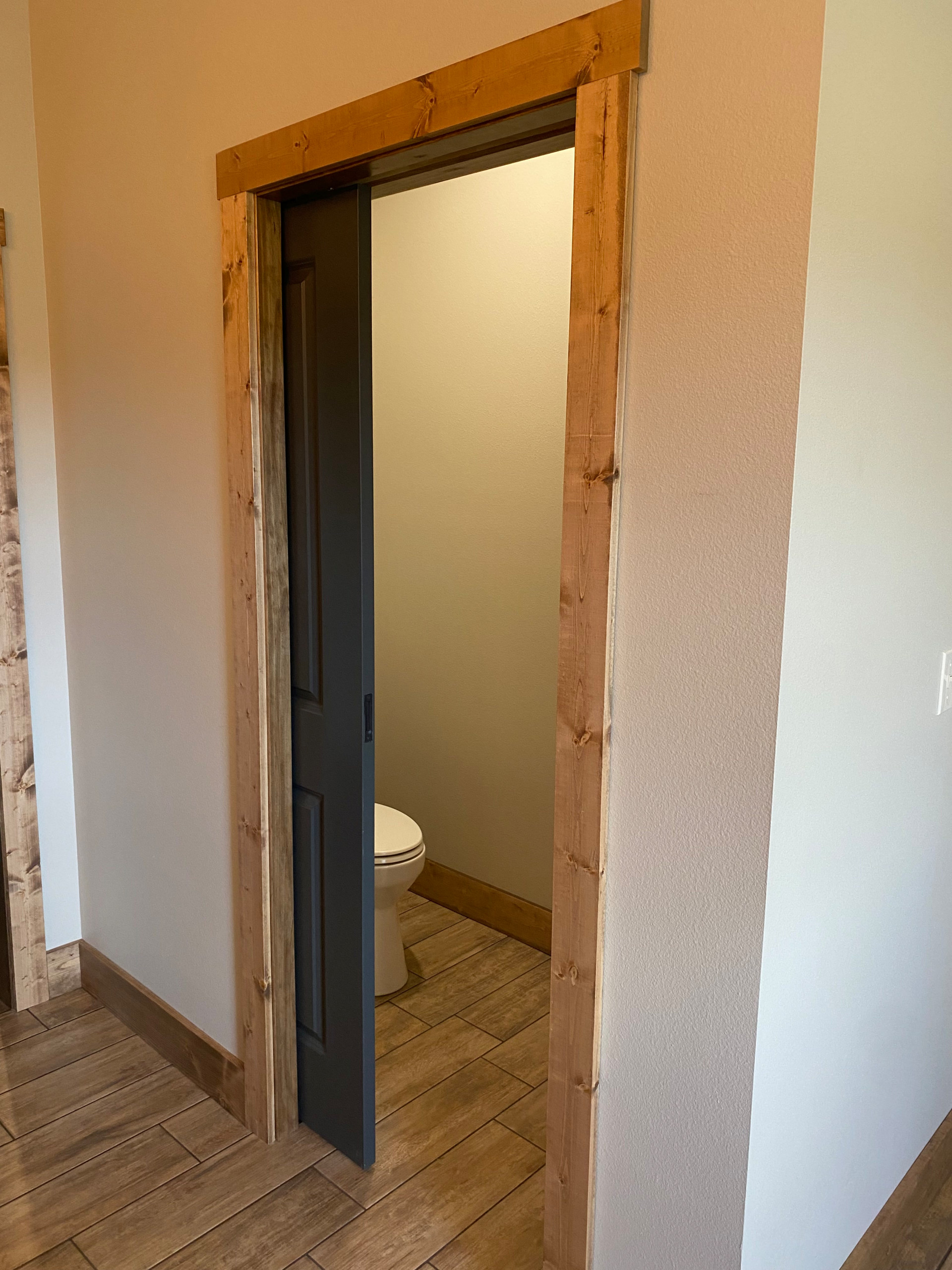 Private toilet room with painted pocket door
