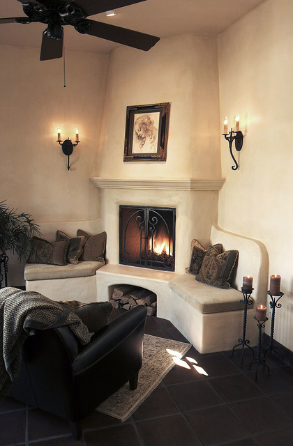 Spanish Plaster Fireplace Mediterranean Living Room Santa