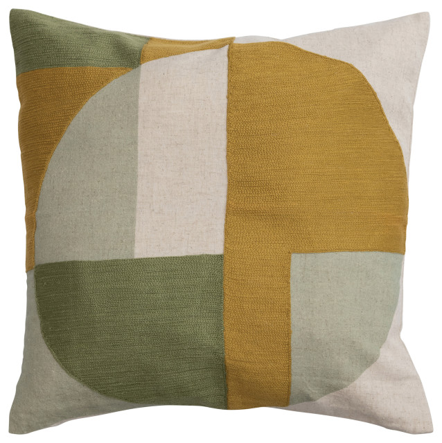 Cotton and Linen Printed Pillow with Embroidery and Geometric Design, Multicolor
