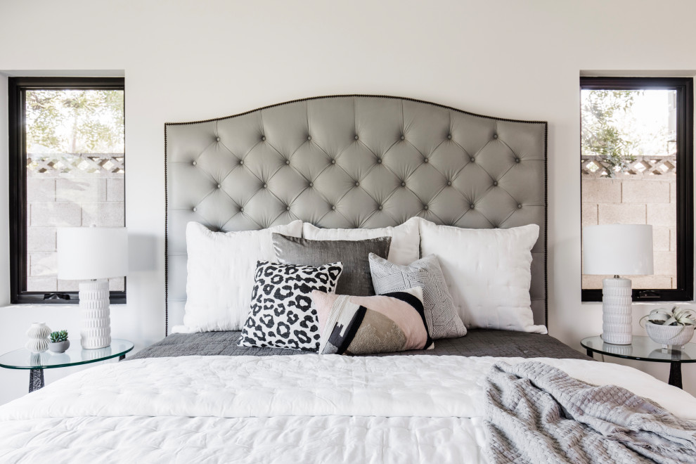 Bedroom - mid-sized transitional master medium tone wood floor bedroom idea in Phoenix with white walls