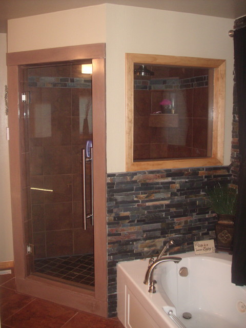 Stacked Slate Bathroom With Concrete Countertops Vessel Sinks