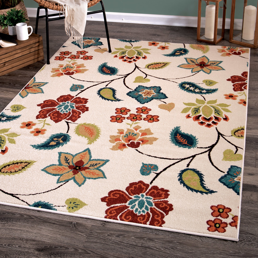 Orian Veranda Indoor/Outdoor Floral Full Bloom Area Rug, Ivory, 5'2"x7