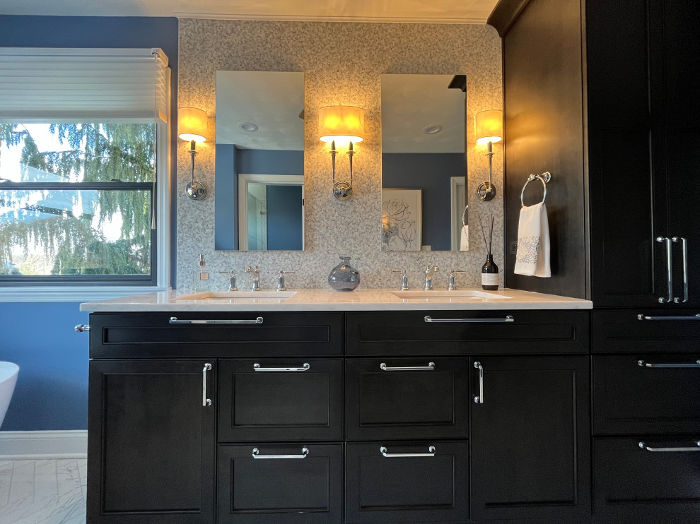 Transitional master gray tile and mosaic tile porcelain tile, white floor and double-sink bathroom photo with black cabinets, blue walls, an undermount sink, quartz countertops, white countertops and a built-in vanity