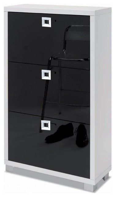 Shoe Rack with 3 Folding Double-Depth Doors With Glossy White Base and Glossy Bl