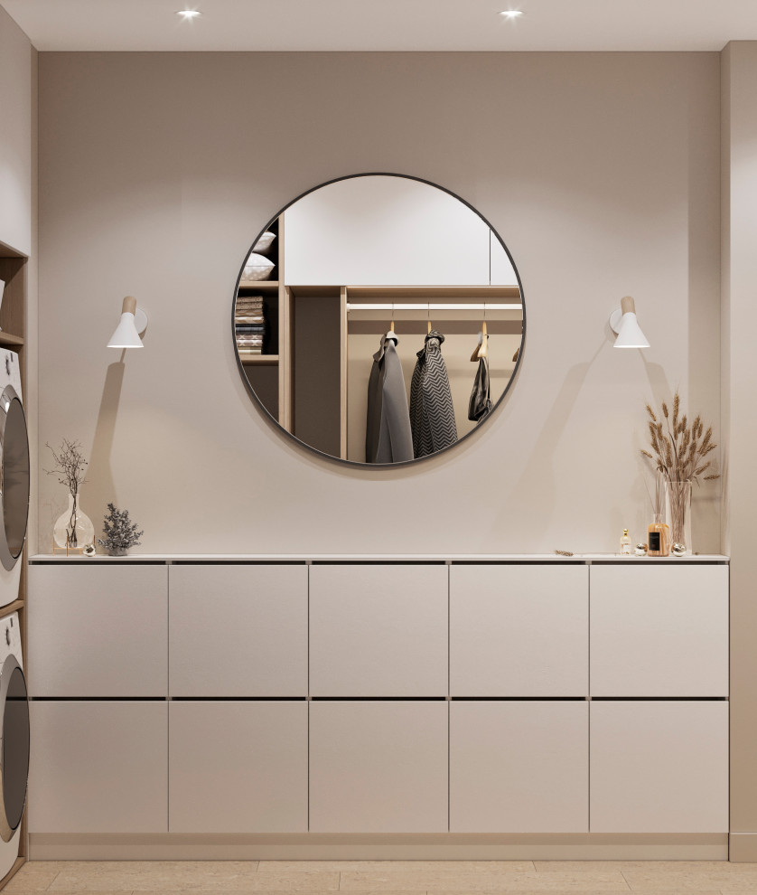 Design ideas for a small scandinavian gender-neutral walk-in wardrobe in Other with open cabinets, white cabinets, medium hardwood floors and beige floor.