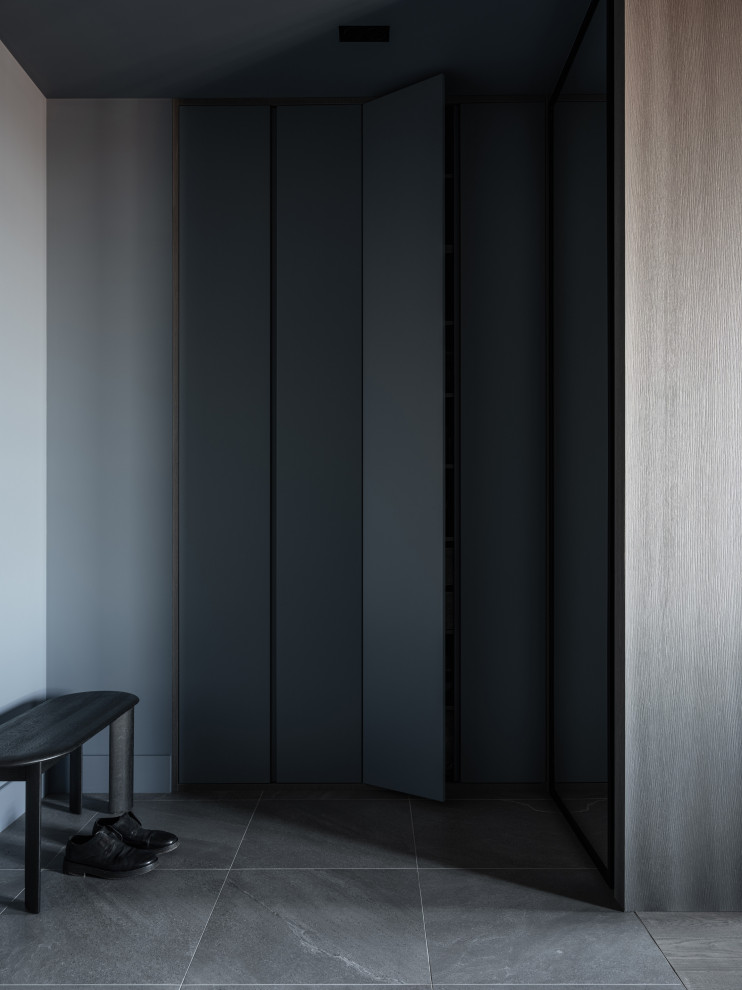 Источник вдохновения для домашнего уюта: вестибюль среднего размера со шкафом для обуви в стиле лофт с серыми стенами и серым полом