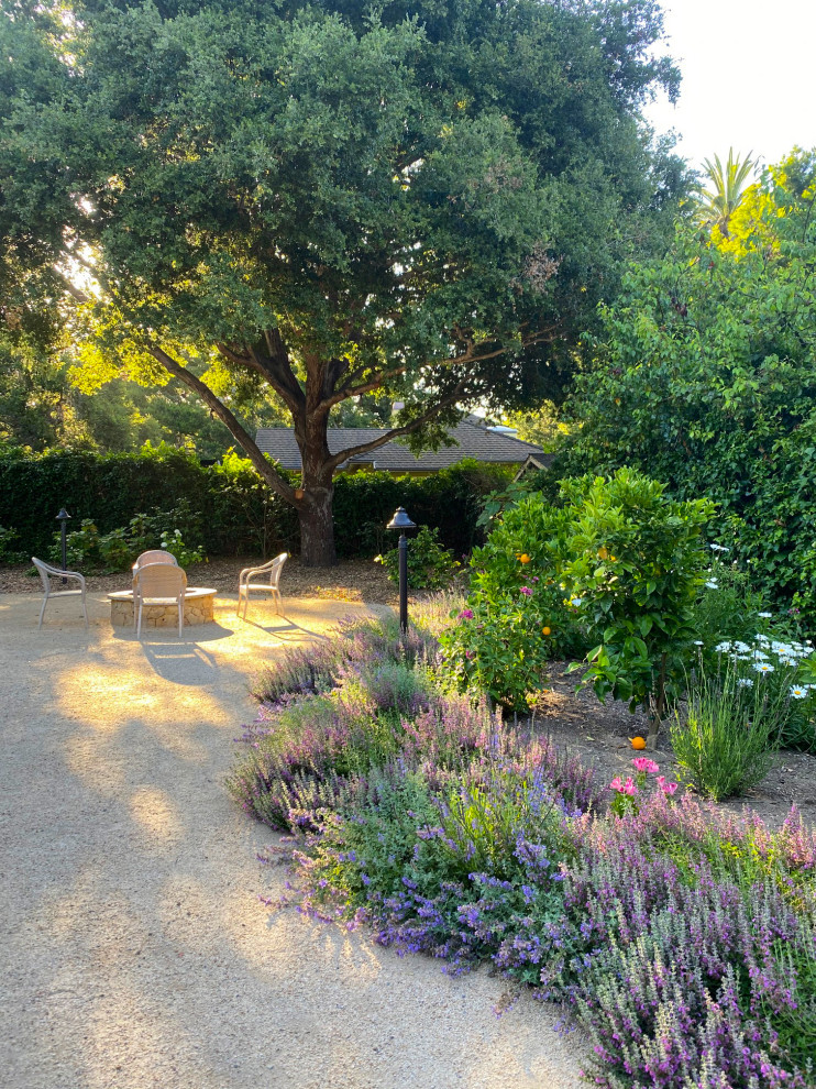 Пример оригинального дизайна: засухоустойчивый сад на заднем дворе в стиле кантри с местом для костра