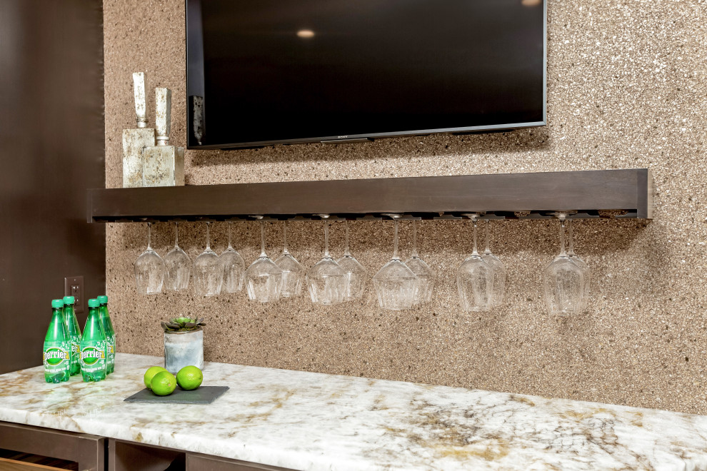 Large transitional l-shaped beige floor eat-in kitchen photo with an undermount sink, flat-panel cabinets, dark wood cabinets, marble countertops, multicolored backsplash, marble backsplash, paneled appliances, an island and multicolored countertops