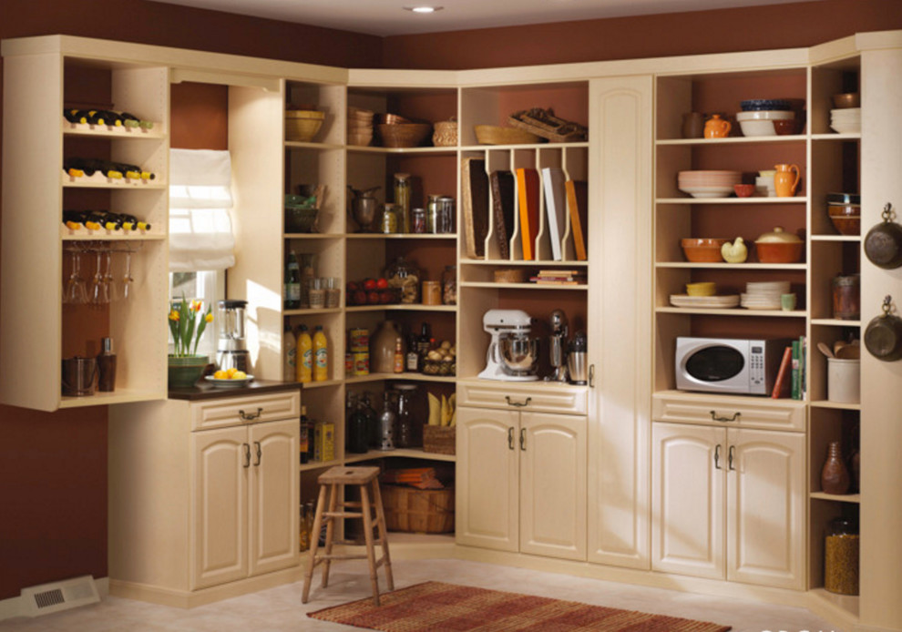 This is an example of a large transitional l-shaped kitchen pantry in Columbus with open cabinets, white cabinets, medium hardwood floors and no island.