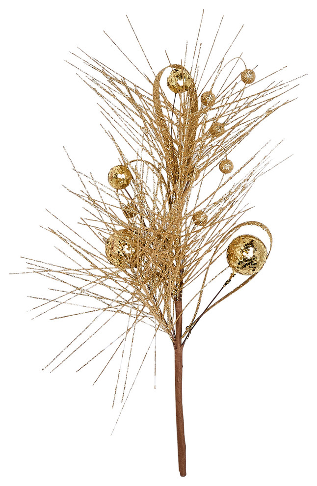 Glitter Pine and Ball Pk Pick, Gold, 14"