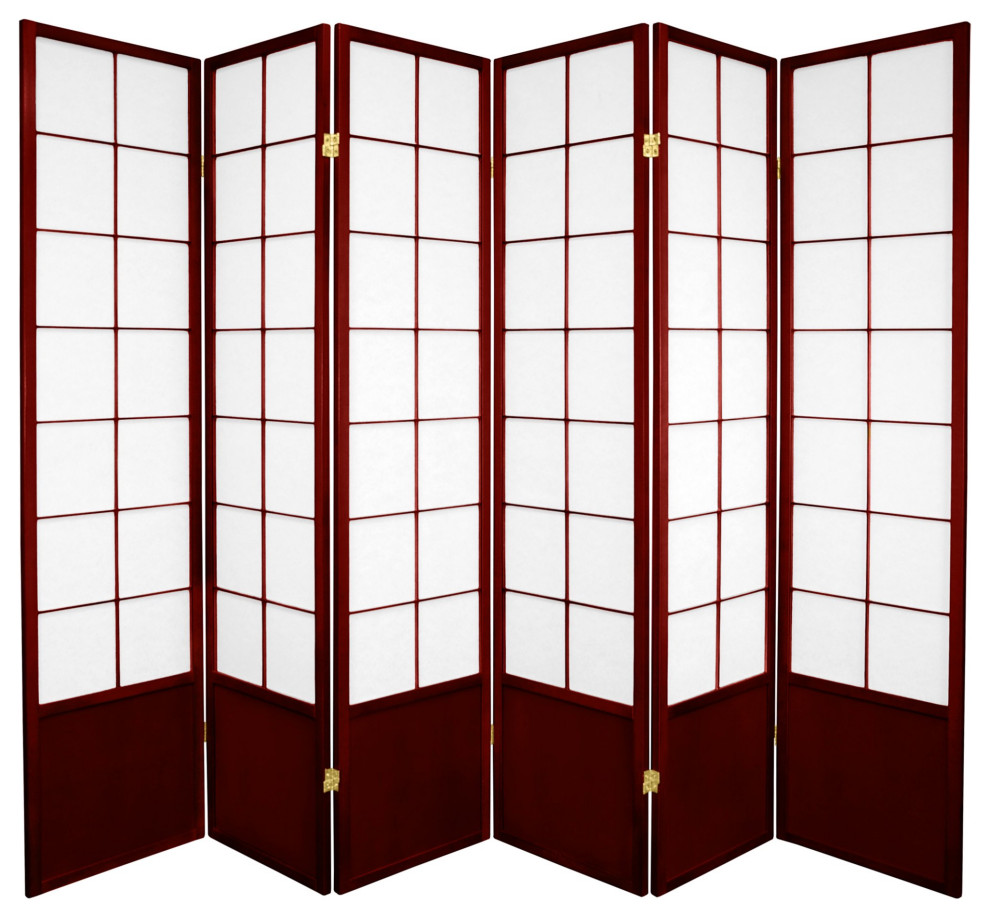 Traditional Room Divider, Wood Frame With 6 Panels and Square Lattice , Red