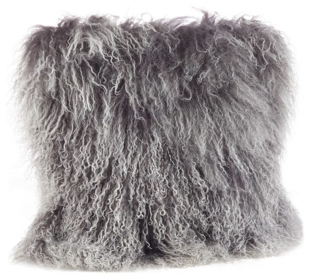 Mongolian Lamb Fur Poly Filled Throw Pillow, Charcoal, 16"x16"