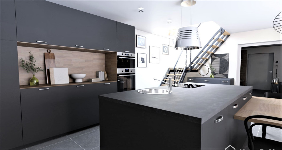 Inspiration for a large urban galley open plan kitchen in Other with a submerged sink, beaded cabinets, black cabinets, concrete worktops, wood splashback, integrated appliances, an island, grey floors and multicoloured worktops.