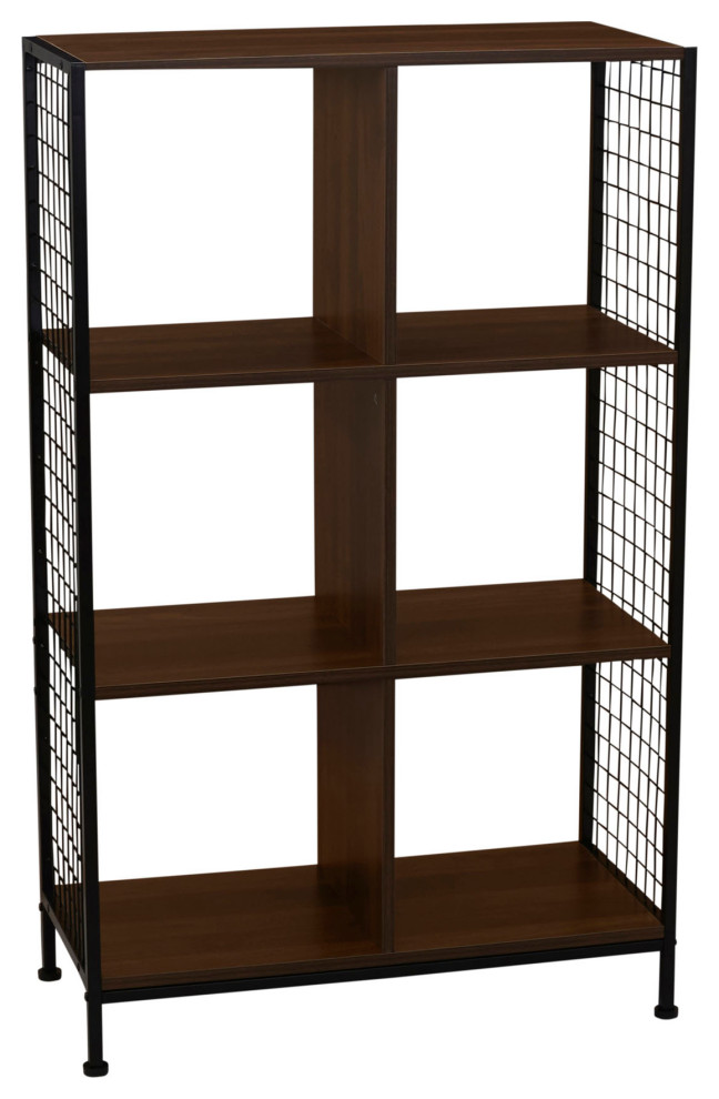 Trellis Open Storage Bookshelf, 6 Cube Mid Century Walnut, Black Metal
