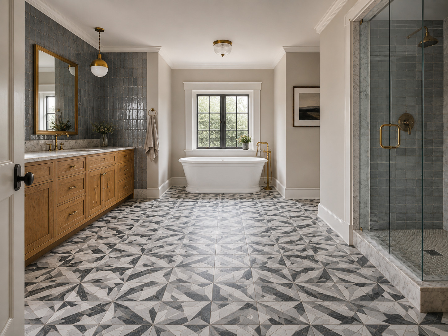 Balanced transitional bath with geometric floor