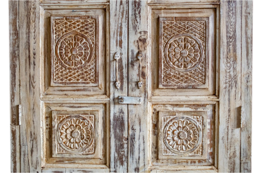 Consigned Antique Whitewash Armoire, Rustic Carved Tall Rustic