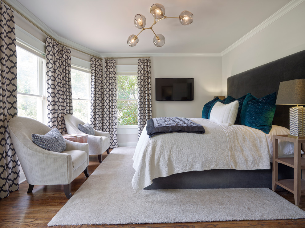 Design ideas for a transitional master bedroom in Oklahoma City with grey walls, dark hardwood floors and no fireplace.