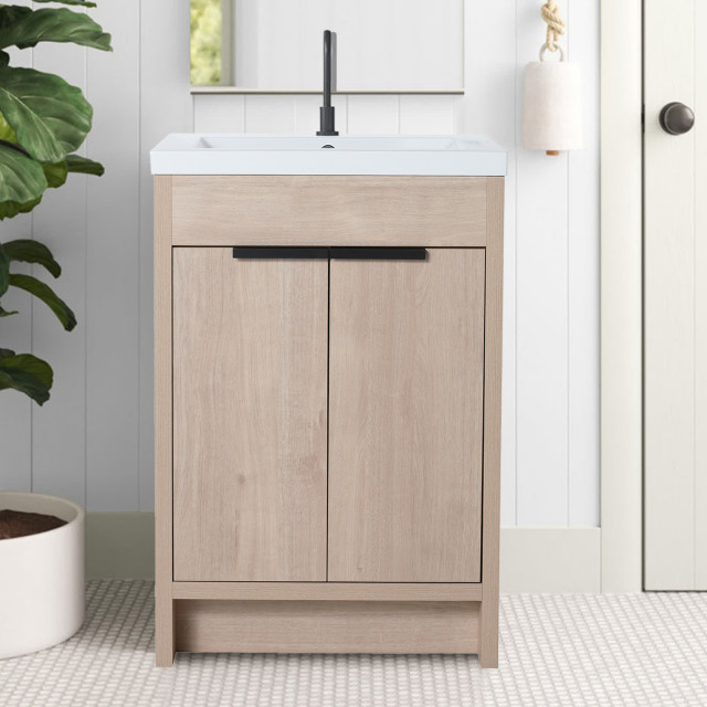 Freestanding Bathroom Vanity, Light Oak, 24 in Transitional