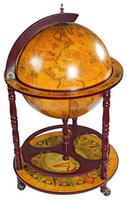 Mid Century Bar Cart, Unique World Globe Design With Vintage Sepia Finish