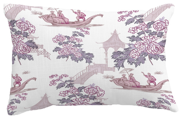 China Old Floral Print Throw Pillow With Linen Texture, Purple, 14"x20"