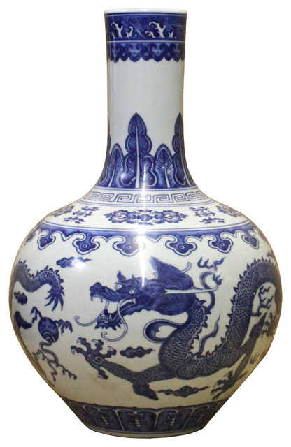 Handmade Chinese Blue White Porcelain Oriental Dragons Scenery Graphic Vase Handmade Chinese Blue White Porcelain Oriental Dragons Scenery Graphic Vase