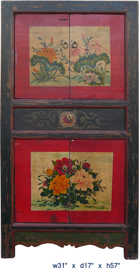 Vintage Flowers Painting Mongolian Tall Cabinet