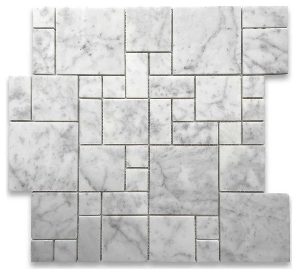 Carrara White Marble Mini Versailles French Hopscoth Mosaic Tile Honed, 1 sheet