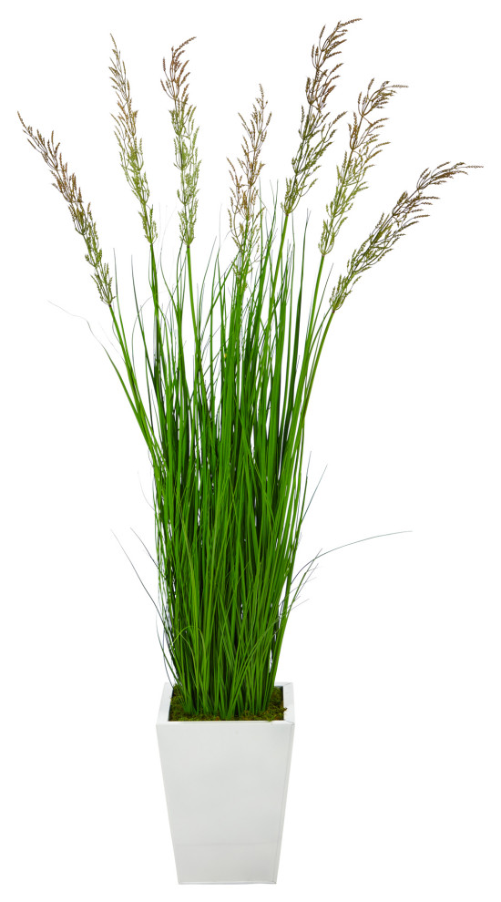 Nearly Natural 64" Wheat Grass Artificial Plant, White Metal Planter Modern Artificial