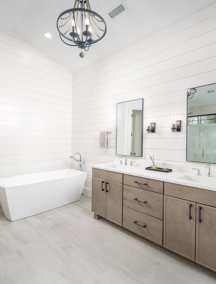 Bathroom - transitional porcelain tile, double-sink and shiplap wall bathroom idea with quartzite countertops, white countertops and a built-in vanity