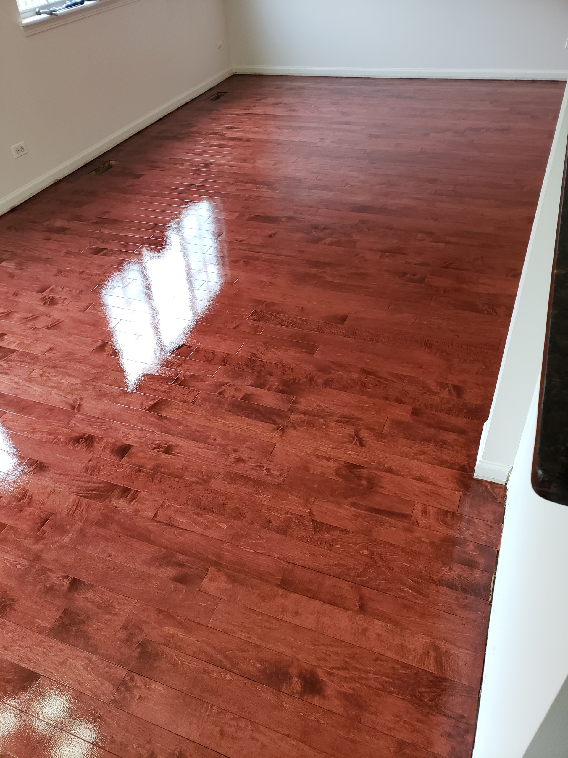 Aurora engineered floors refinished , custom stain , satin sweedish finish