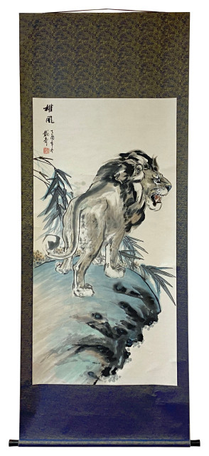 Chinese Black White Ink Lion Theme Scroll Painting Original Wall Art Hws1888