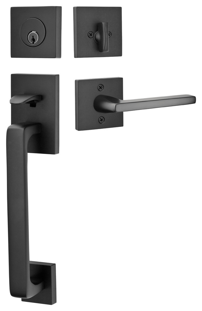 Emtek Baden Tubular Entry Handleset, Flat Black Contemporary Door