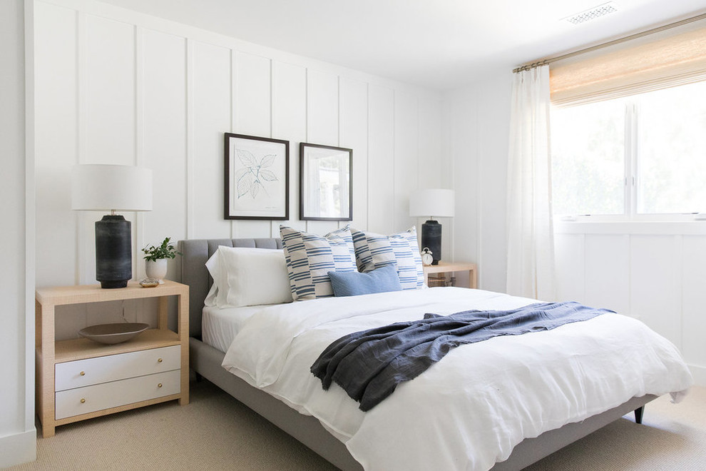 Mid-sized beach style bedroom in Salt Lake City with white walls, carpet, beige floor and no fireplace.