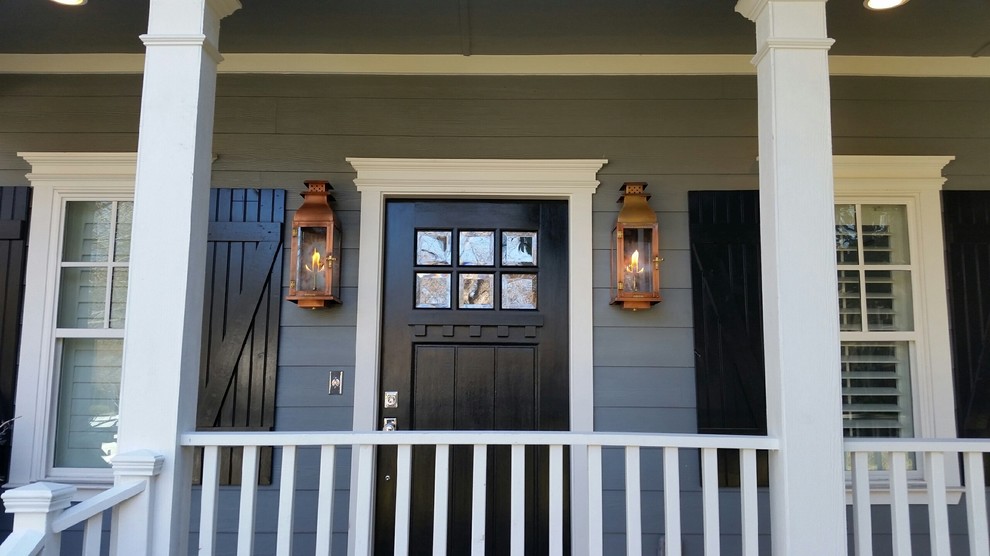 Small arts and crafts front door in Dallas with grey walls, a single front door and a black front door.