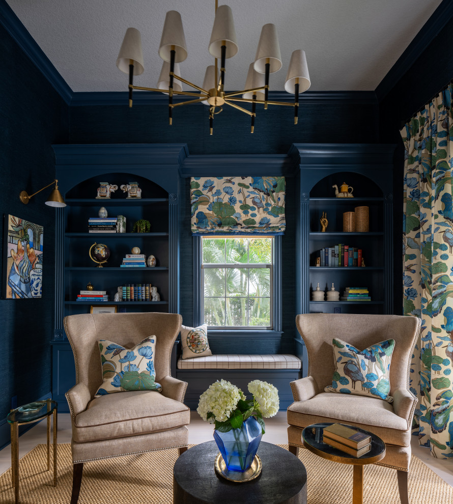 Family room library - mediterranean enclosed carpeted, brown floor and tray ceiling family room library idea in Tampa