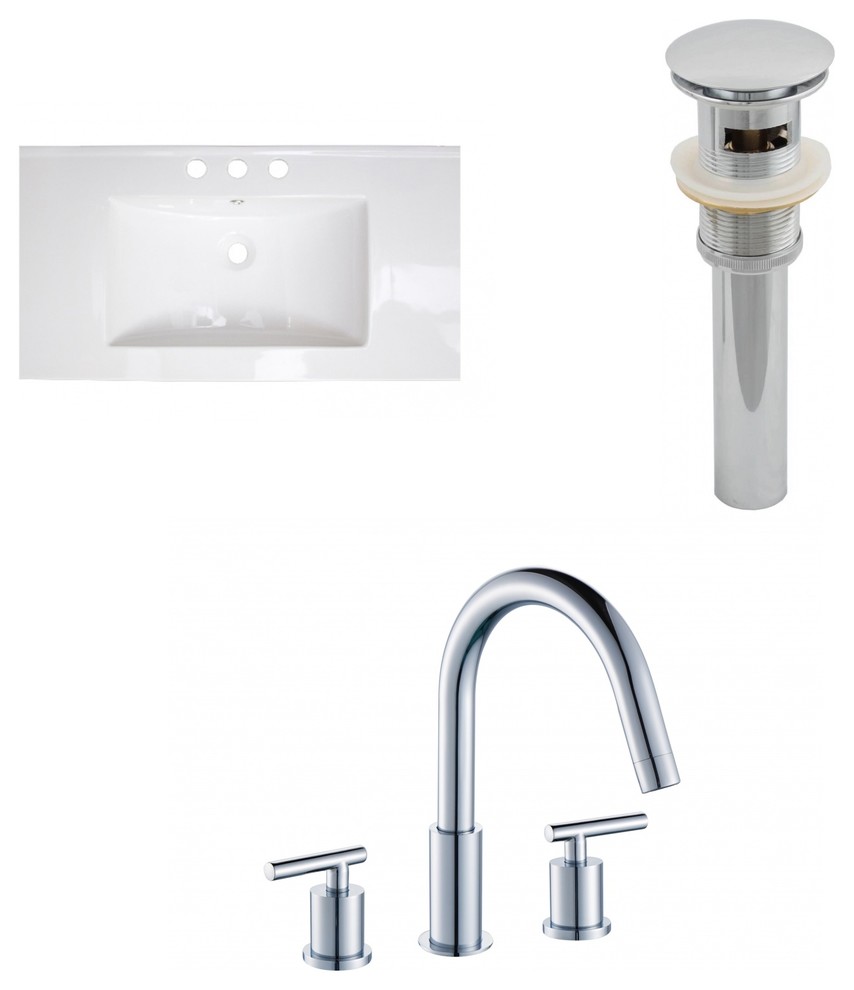 Ceramic Top Set With 8" Off Center Faucet And Drain, White, 36"x18"