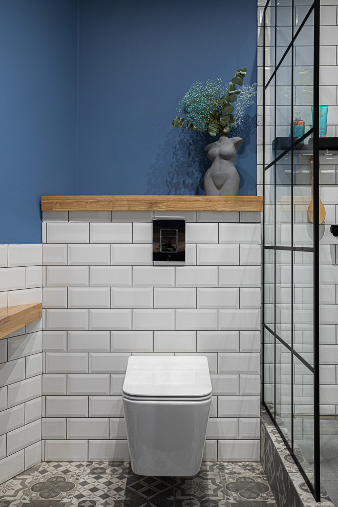 This is an example of a small contemporary 3/4 bathroom in Moscow with open cabinets, medium wood cabinets, an open shower, a bidet, white tile, subway tile, white walls, ceramic floors, a vessel sink, wood benchtops, grey floor, an open shower, beige benchtops, a single vanity, a floating vanity, exposed beam and wood walls.