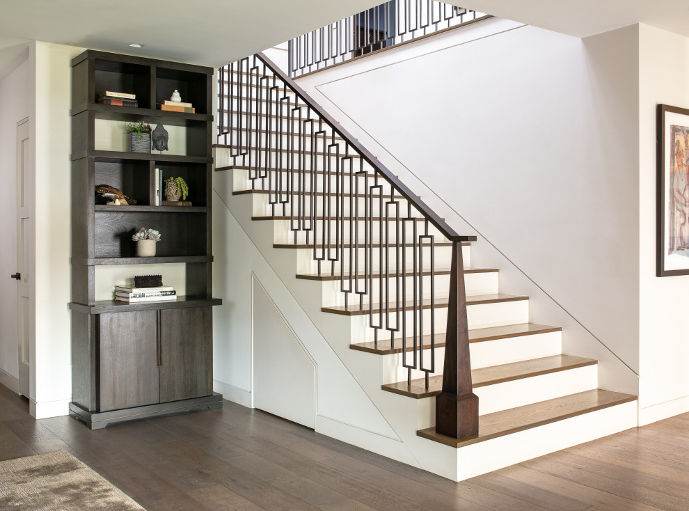 Contemporary wood straight staircase in Los Angeles with painted wood risers and mixed railing.