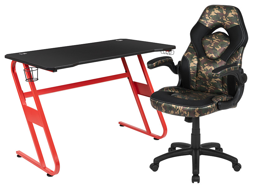 Red Gaming Desk and Camouflage/Black Racing Chair Set with Cup Holder