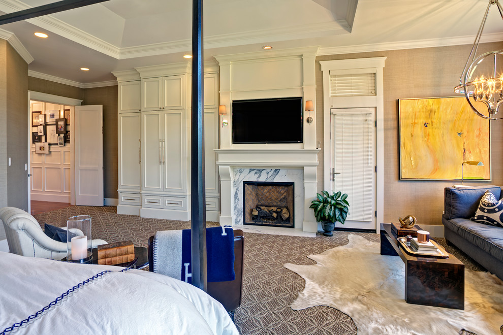 This is an example of a mid-sized transitional master bedroom in San Francisco with beige walls, carpet and no fireplace.