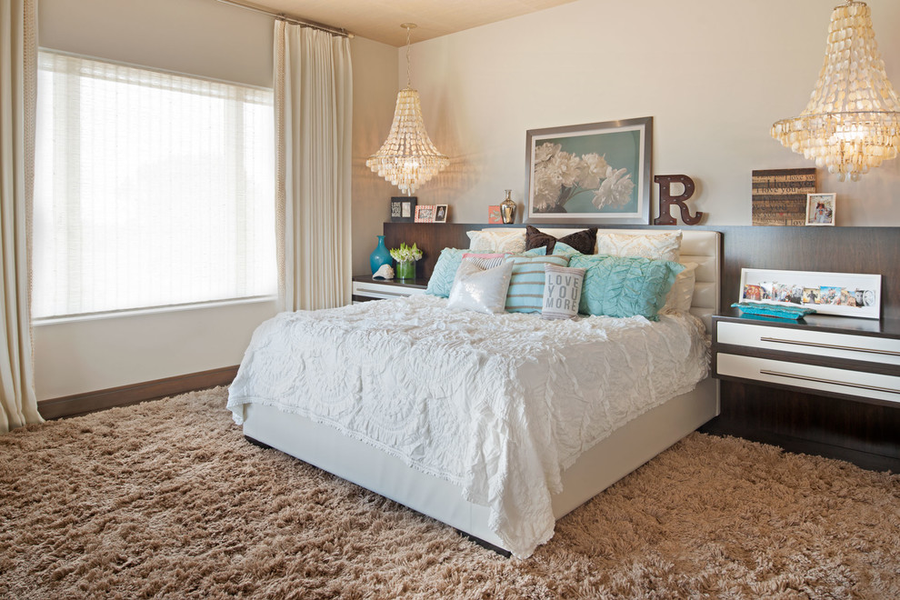 Design ideas for a transitional bedroom in San Diego with beige walls and dark hardwood floors.
