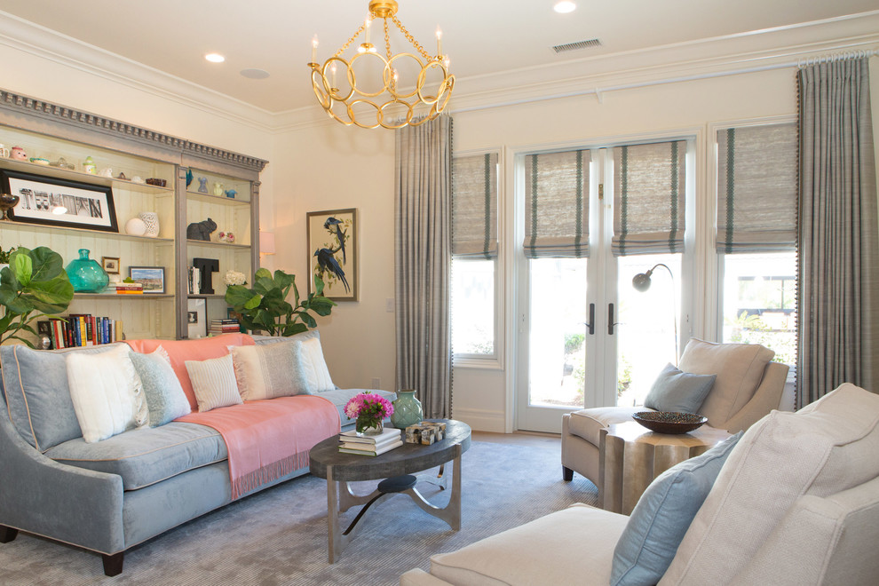 Photo of a large transitional enclosed living room in San Diego with white walls and carpet.