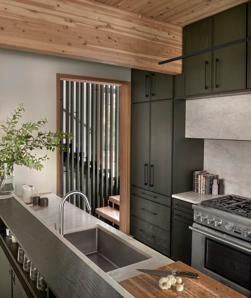 Lawless Retreat - Oak cabinetry is stained a deep deep green and then paired with honed Danby marble. Beyond is the staircase which wraps around a screen evocative of the site's many trees amongst the winter snow.