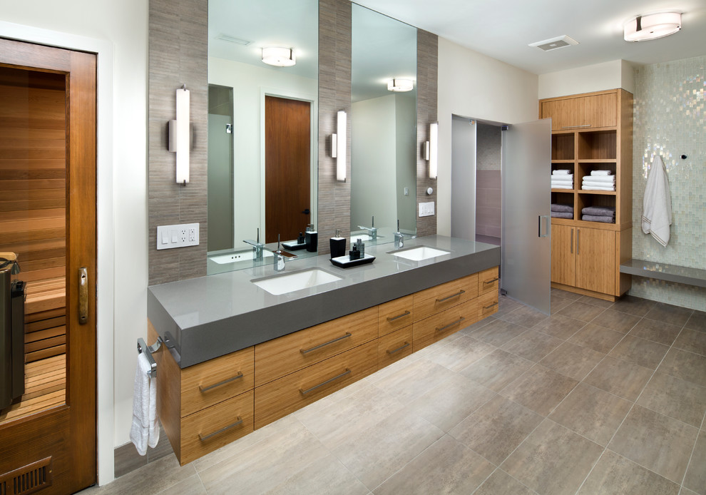Large contemporary master bathroom in San Francisco with flat-panel cabinets, light wood cabinets, white walls, an undermount sink, a hinged shower door, white tile, mosaic tile, porcelain floors, engineered quartz benchtops, grey floor and grey benchtops.