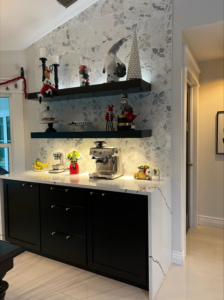 Inspiration for a small modern single-wall home bar in Other with shaker cabinets, black cabinets, quartz benchtops, multi-coloured splashback, ceramic splashback and multi-coloured benchtop.