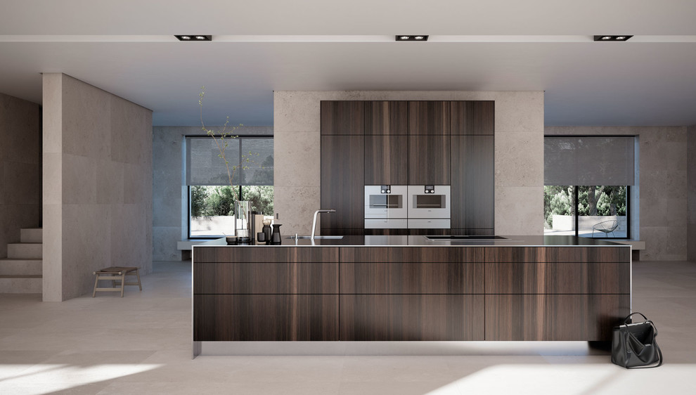 This is an example of a large contemporary single-wall eat-in kitchen in Sydney with an integrated sink, medium wood cabinets, stainless steel benchtops, ceramic floors, with island and beige floor.