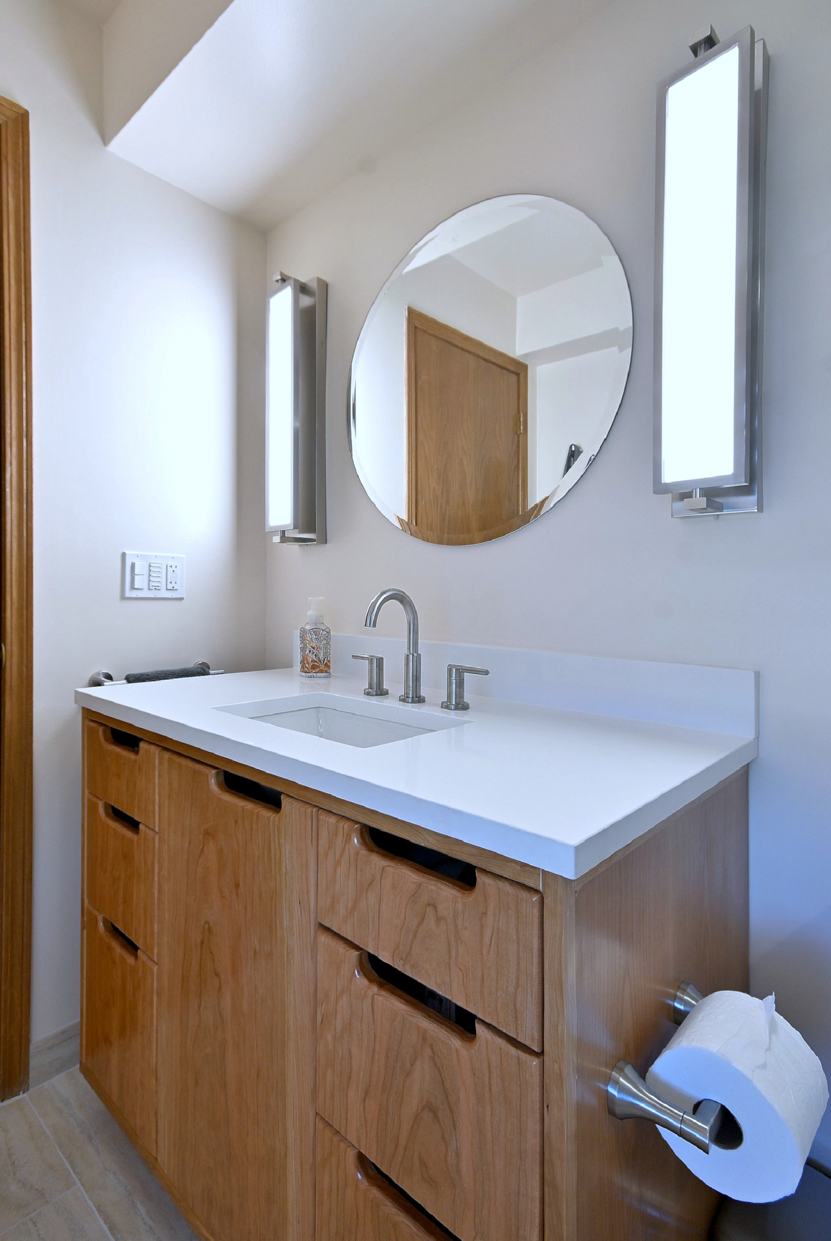 Modern Mid-Century Bathroom Remodel with Warm Wood Custom Vanity