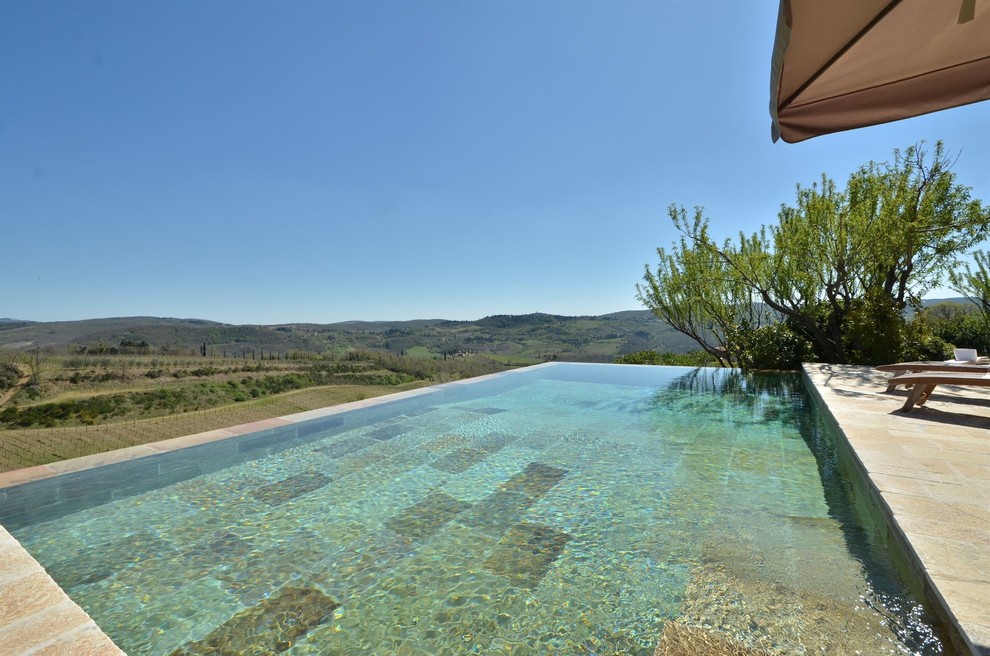 Inspiration for a mid-sized country front yard rectangular infinity pool in Other with natural stone pavers.